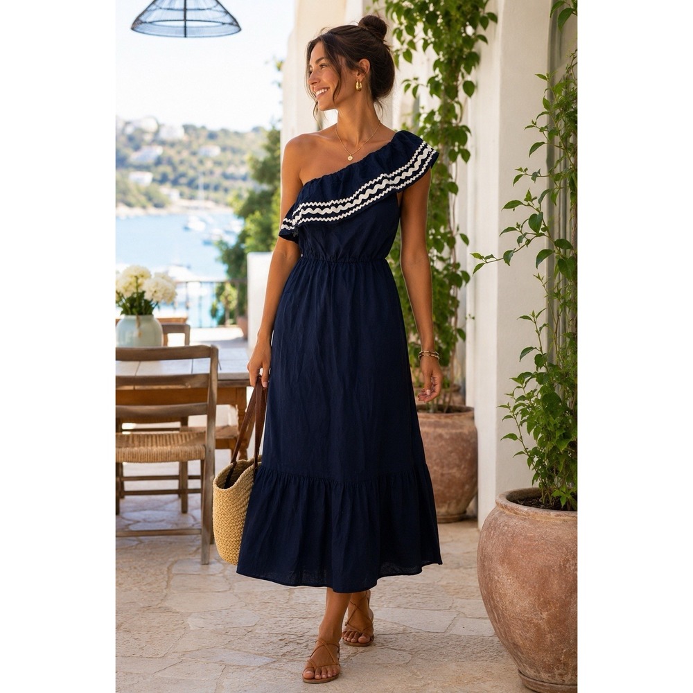 J.Crew Navy Blue Dress M One Shoulder Midi Ruffle Ric Rac Trim Linen Blend
